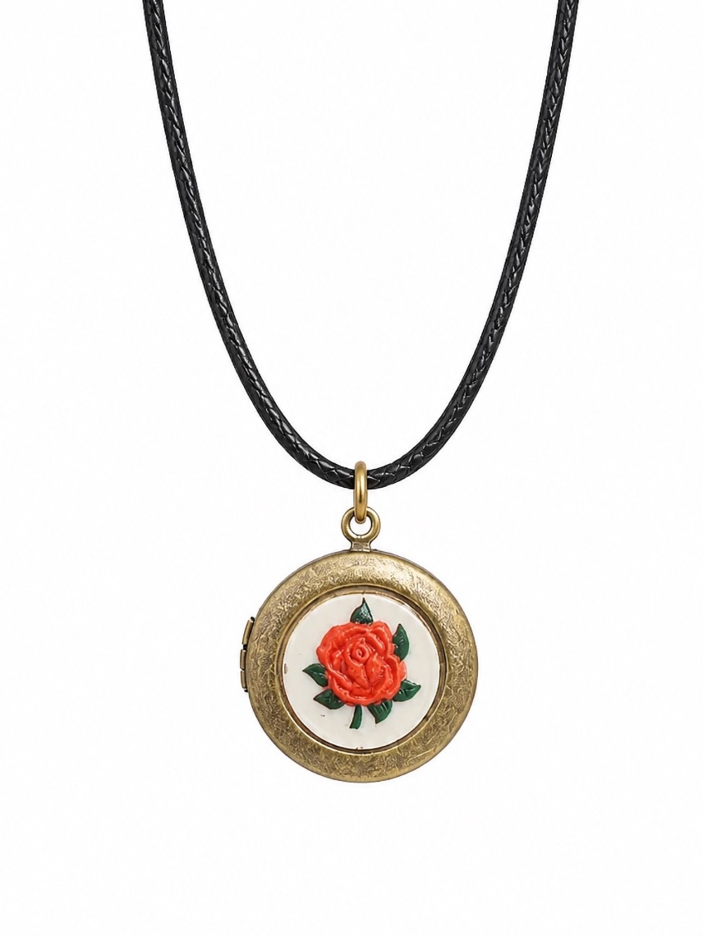 Vintage Locket Necklace with Red Rose Pendant
